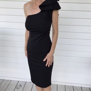 Mokoru Black Asymmetrical Dress, Ruffle Shoulder, size Small, NWT